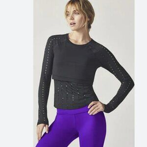 Fabletics Shelby Black Crop Top Eyelet Mesh Layer Long Sleeve Shirt